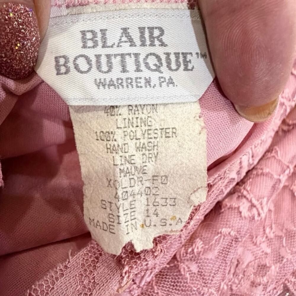 VTG 80s Romantic Pink Coquette Floral Lace Mesh Midi Dress Blaire Boutique Large - Picture 8 of 16